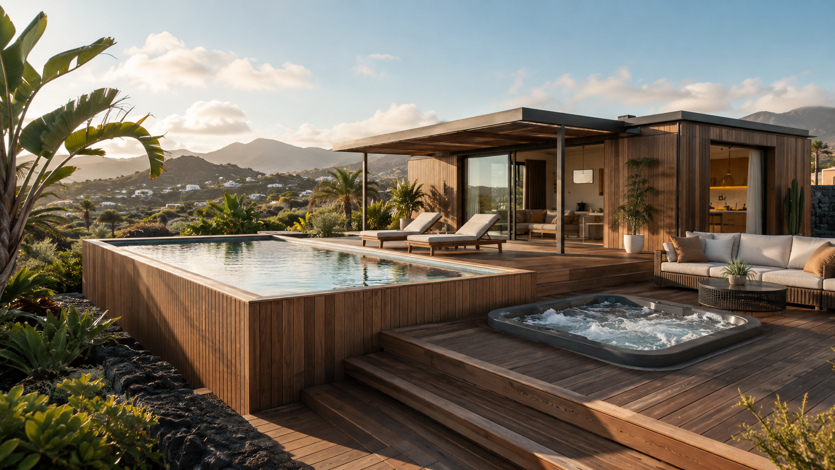 Piscina de superficie y jacuzzi integrados en la terraza de una EcoCasa